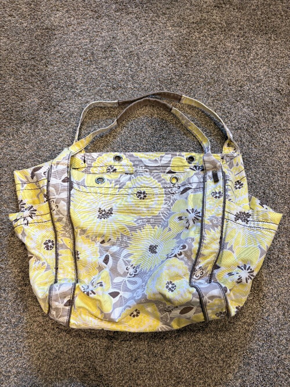 Thirty-One Yellow & Grey Floral Canvas Retro Metro Tote Bag